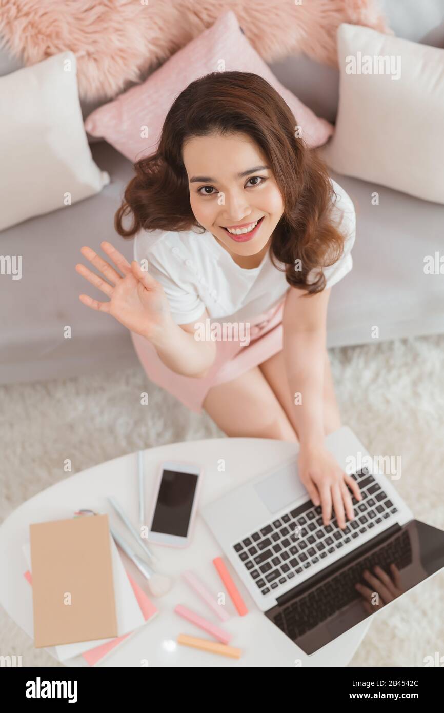 Young Asian small business owner at home office, online marketing packaging and delivery, SME concept top view Stock Photo