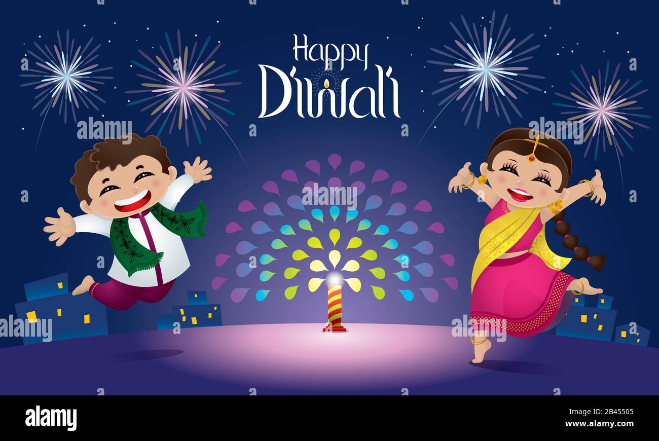 Indian boy and girl celebrating Diwali. With colorful fireworks Stock  Vector Image & Art - Alamy