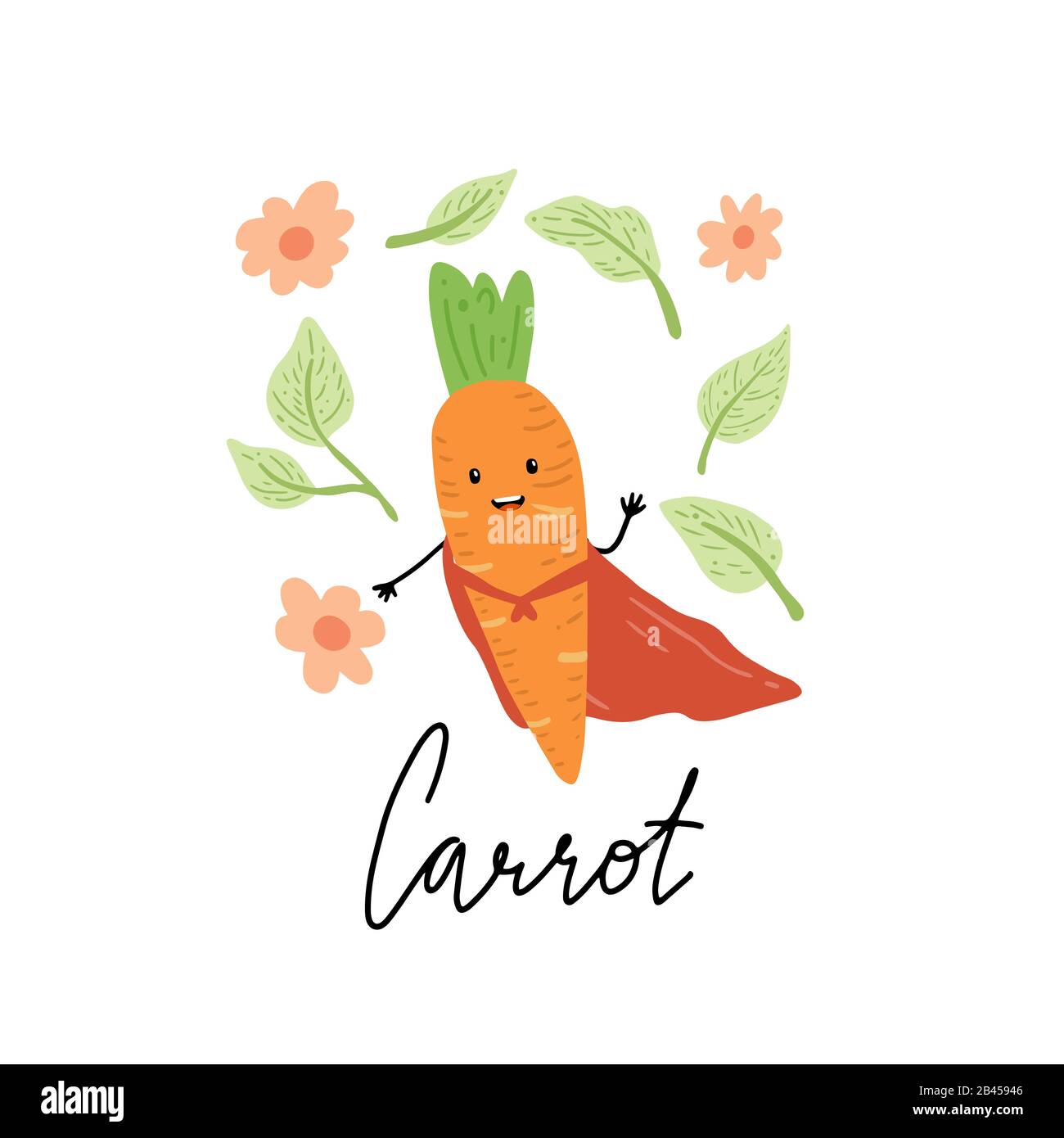 Carrot funny super hero cartoon character. Vector illustration isolated. Concept of healthy food, vegetarian. Carrot have abstract, simple cartoon, hand drawn style. Stock Vector