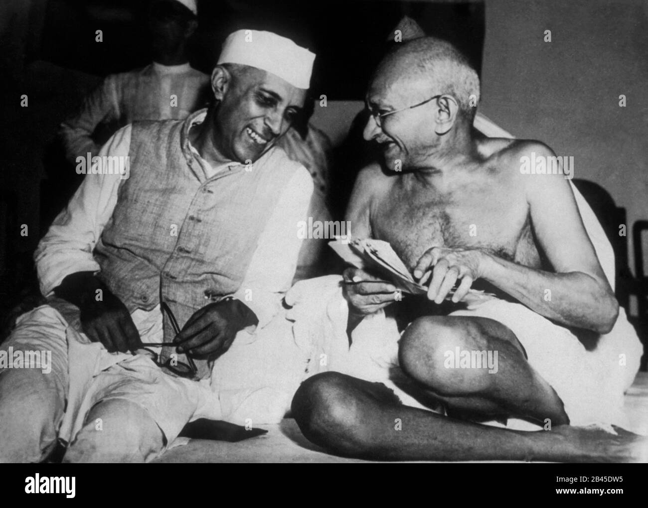 mahatma gandhi sharing light moments with jawaharlal nehru in Mumbai at Maharashtra, India, Asia Stock Photo