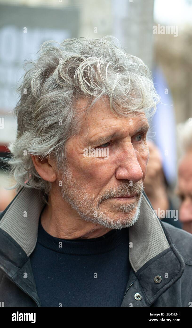 Portrait of Pink Floyd's Roger Waters at a rally in protest of WikiLeaks founder Julian Assange's extradition to the USA prior the court hearing Stock Photo