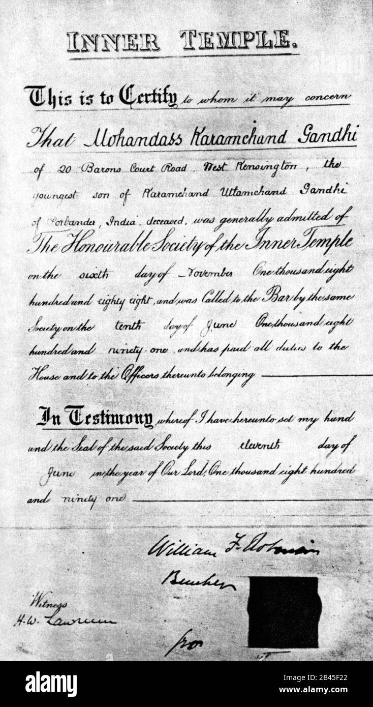 Mahatma Gandhi admitted to Inner Temple Bar at Law certificate, London