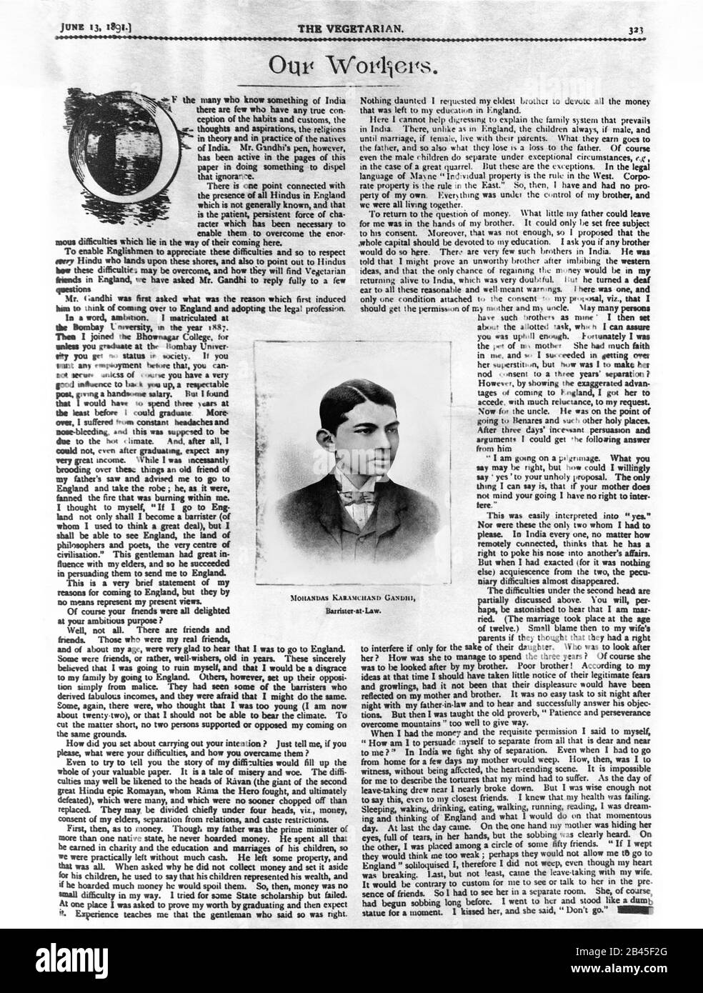 Mahatma Gandhi interview published by The Vegetarian newspaper, London, England, United Kingdom, UK, 13 June 1891, old vintage 1900s picture Stock Photo