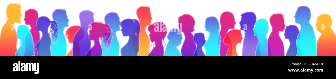 Talking crowd. Colored isolated silhouette profiles.Dialogue diversity people. Multiethnic people talking. Communication. People of different cultures Stock Photo