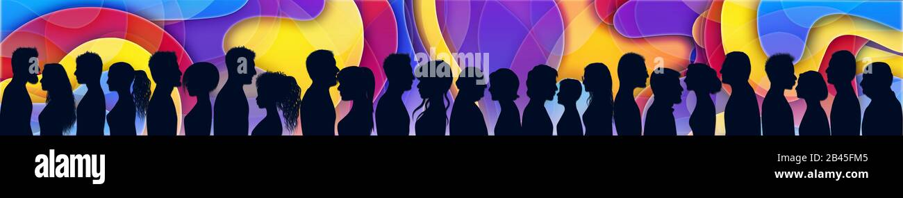 Event with crowd of silhouette people. Audience having fun at a party. Nightclub with music. Nightlife. Multiethnic people. Crowd talking. Speak Stock Photo
