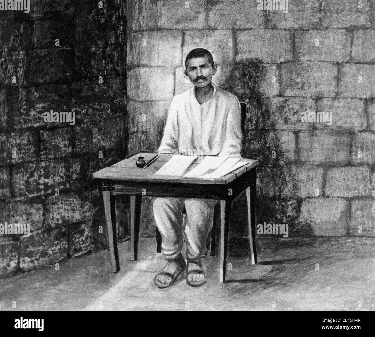 Mahatma Gandhi drawing, in prison, South Africa, 1890s, old vintage 1900s picture Stock Photo