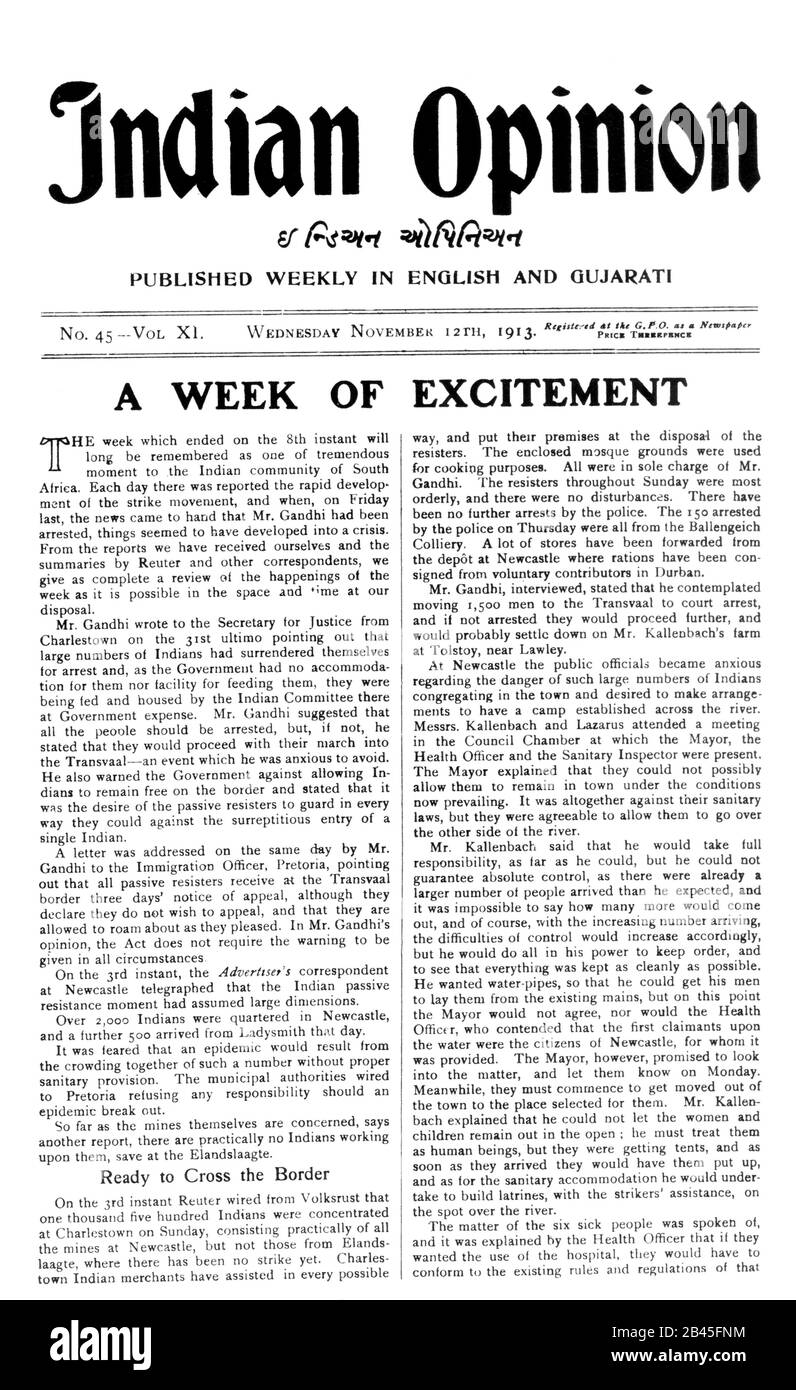 Mahatma Gandhi weekly newspaper cover front page of Indian Opinion printed at Phoenix Settlement, Phoenix, KwaZulu Natal, Durban, South Africa, 1913, old vintage 1900s picture Stock Photo