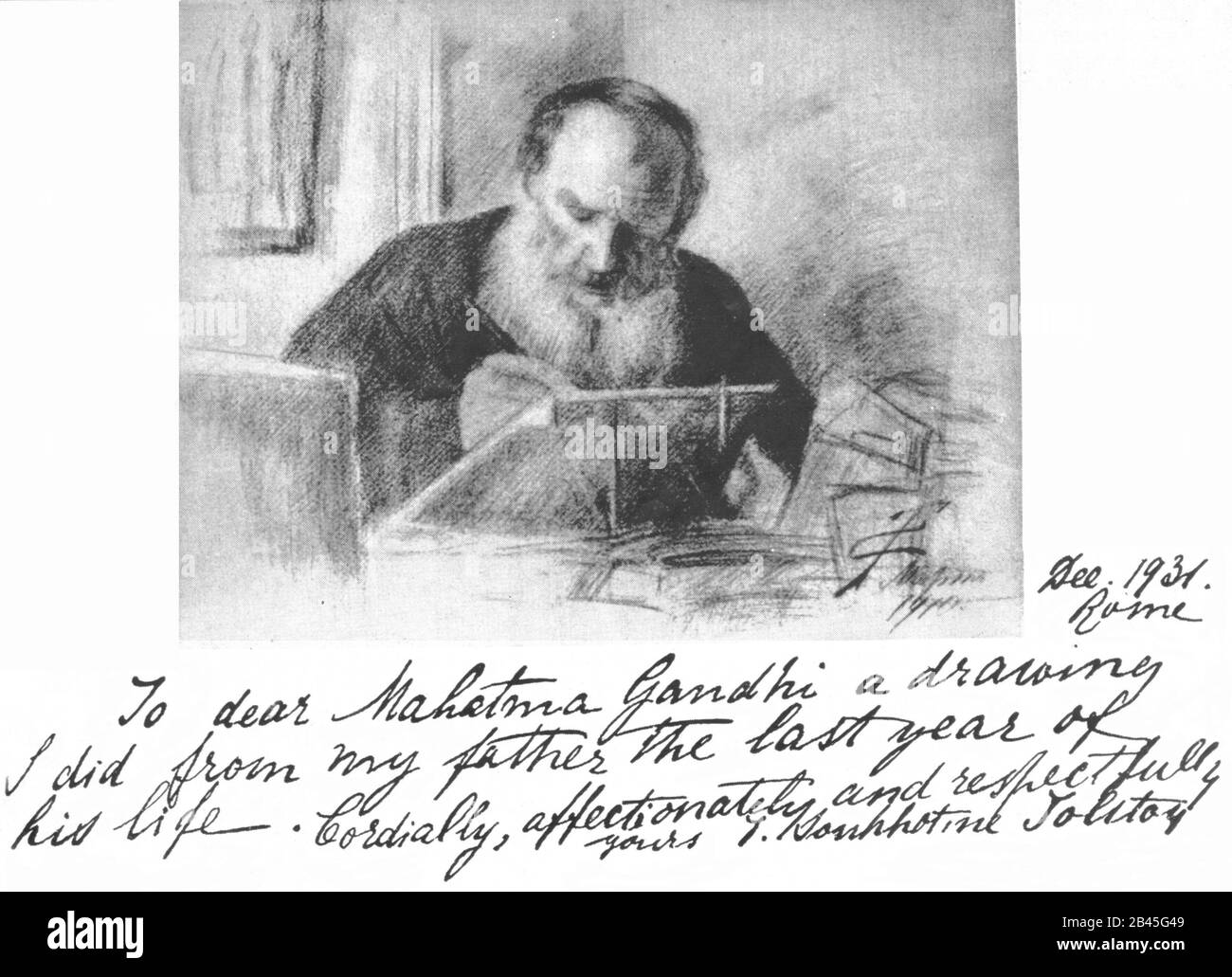 Mahatma Gandhi presented this drawing of Russian writer Count Leo Tolstoy by his daughter in Rome, Italy, Europe, December 1931, old vintage 1900s picture Stock Photo