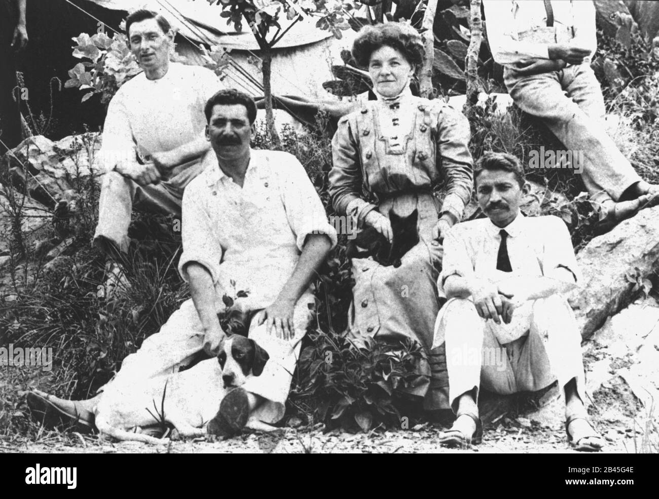 Albert H. West (top left), Hermann Kallenbach and Mahatma Gandhi at Tolstoy Farm, Transvaal, South Africa, 1910, old vintage 1900s picture Stock Photo
