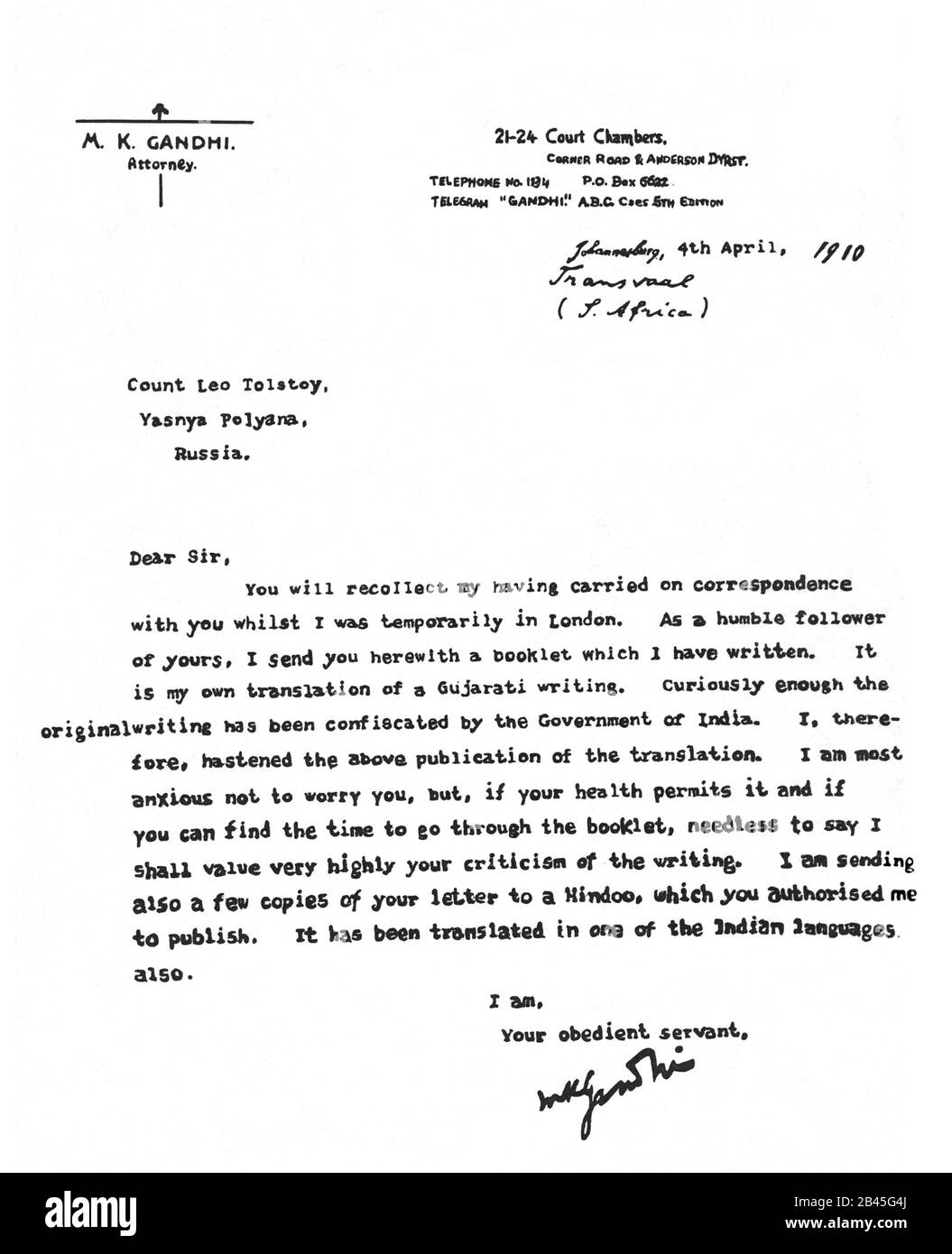 Mahatma Gandhi letter on M. K. Gandhi, Attorney, Bombay, India,  letter head to Russian writer Count Leo Tolstoy, from Tolstoy Farm, Transvaal, Johannesburg, South Africa, 4 April 1910, old vintage 1900s picture Stock Photo