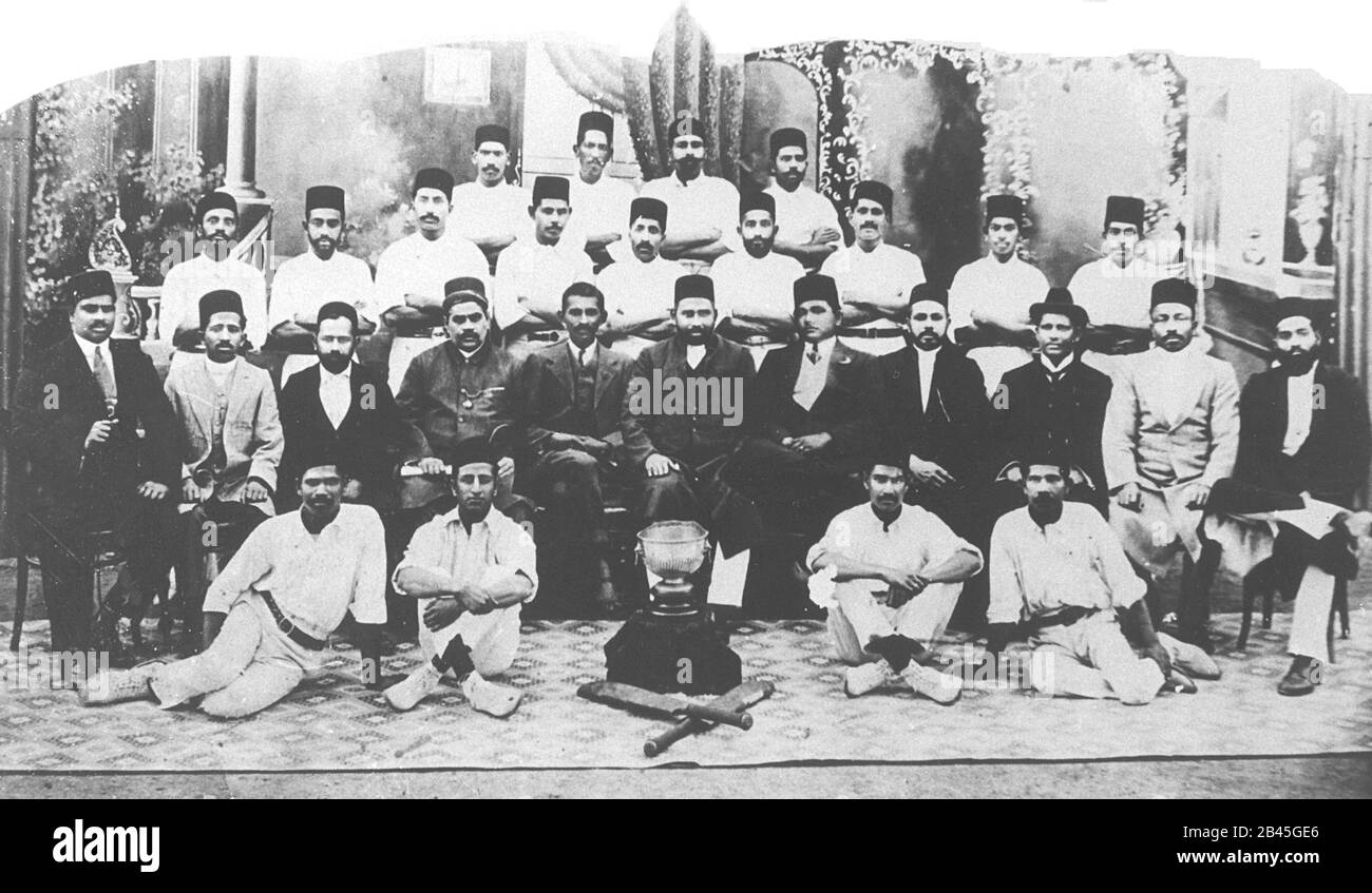 Mahatma Gandhi sitting next to fourth from left Parsee Rustomjee, Parsi Rustomji, Kakaji, Rustomjee Jivanji Ghorkhodu, Greyville Cricket Club, Durban Cricket Academy, Durban, South Africa, 1890s, old vintage 1900s picture Stock Photo