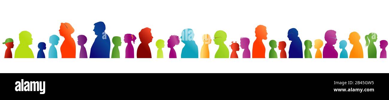 Isolated colorful profile silhouette with group of grandparents and grandchildren Dialogue or conversation between old people and children Stock Photo