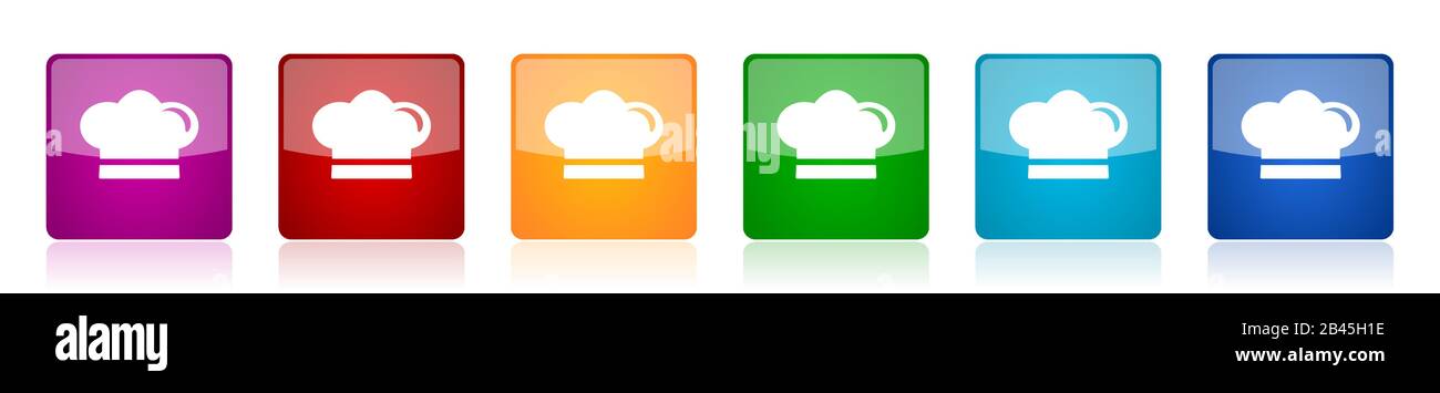 Cook icon set, colorful square glossy vector illustrations in 6 options ...