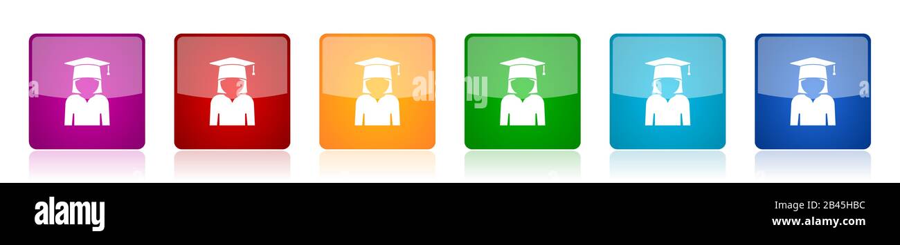 Graduate icon set, education, female student colorful square glossy ...