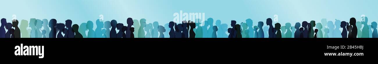 Friendship concept. Large group diversity people silhouette colored profile. Community. Multiethnic people talking. Face. Head. Blue multiple exposure Stock Photo