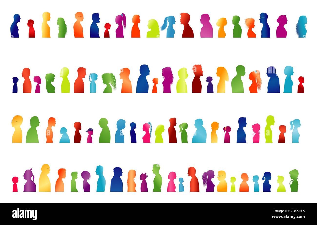 Isolated set large group of families. Colored silhouette in profile. Face. Head. Community. Many people colored multiple exposure. Families - friends Stock Photo