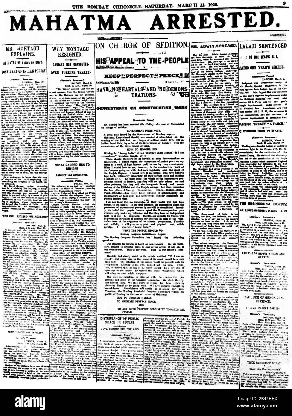 Mahatma Gandhi news on front page of newspaper The Bombay Chronicle, Bombay, Mumbai, Maharashtra, India, 11 March 1922, old vintage 1900s picture Stock Photo