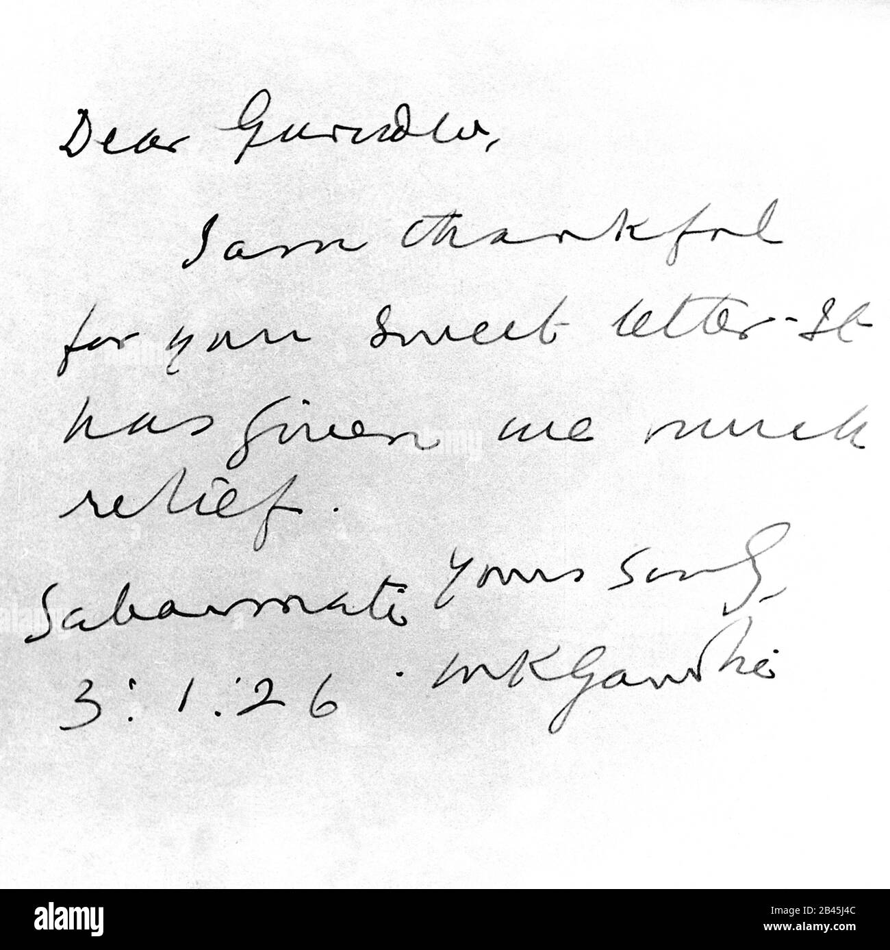 Mahatma Gandhi letter to Rabindranath Tagore, Sabarmati Ashram, Ahmedabad, Gujarat, India, 3 January 1926, old vintage 1900s picture Stock Photo
