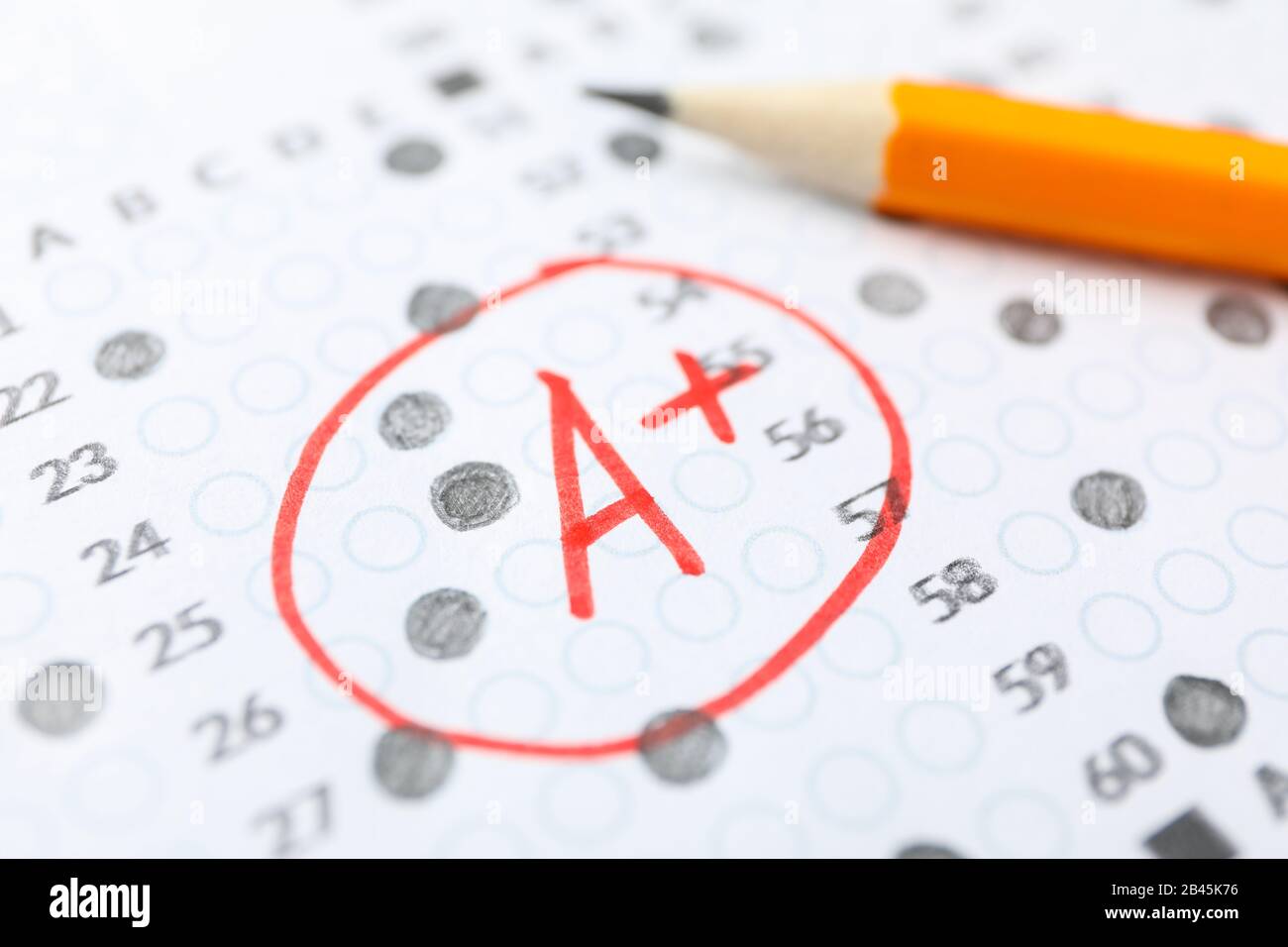 Test score sheet with answers, grade A+ and pencil, close up Stock Photo