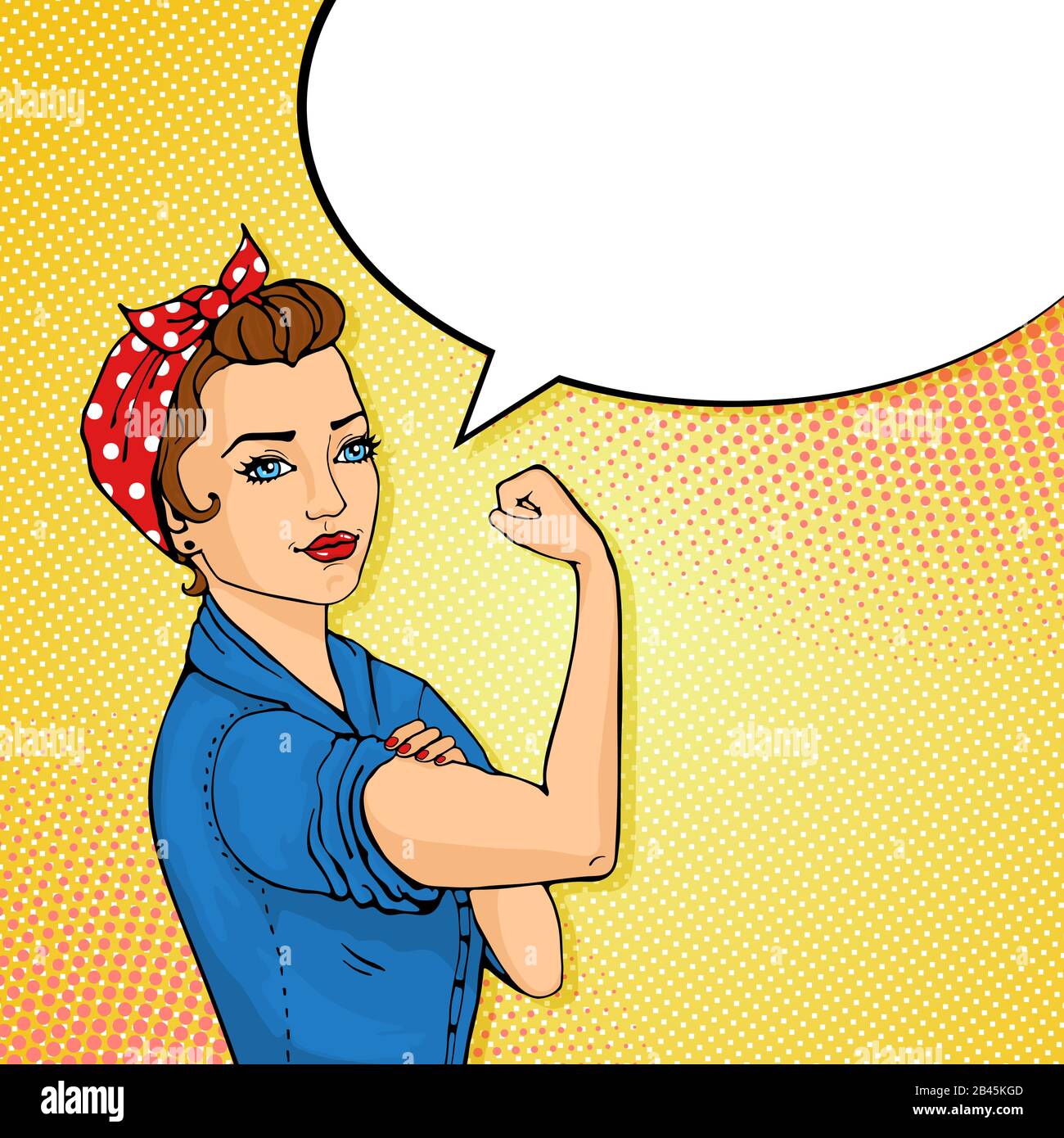 Women Power. Pop art sexy strong blonde girl in a circle on white  background. Classical american symbol of female power, woman rights,  protest, feminism. Vector illustration in retro comic style. Stock Vector