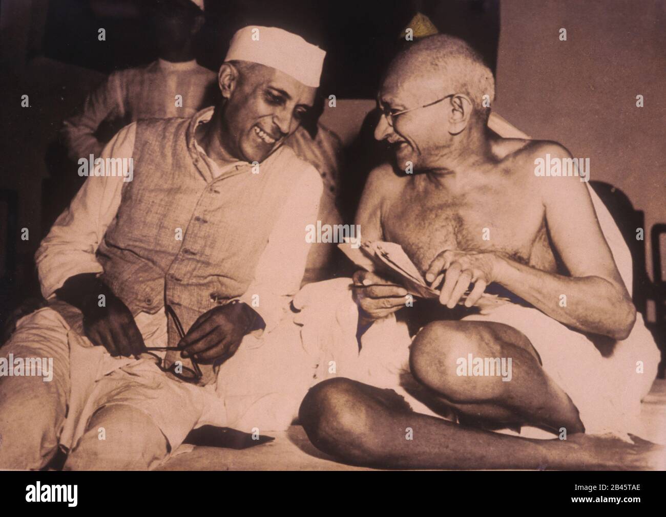 Jawaharlal Nehru and Mahatma Gandhi smiling NO MR Stock Photo