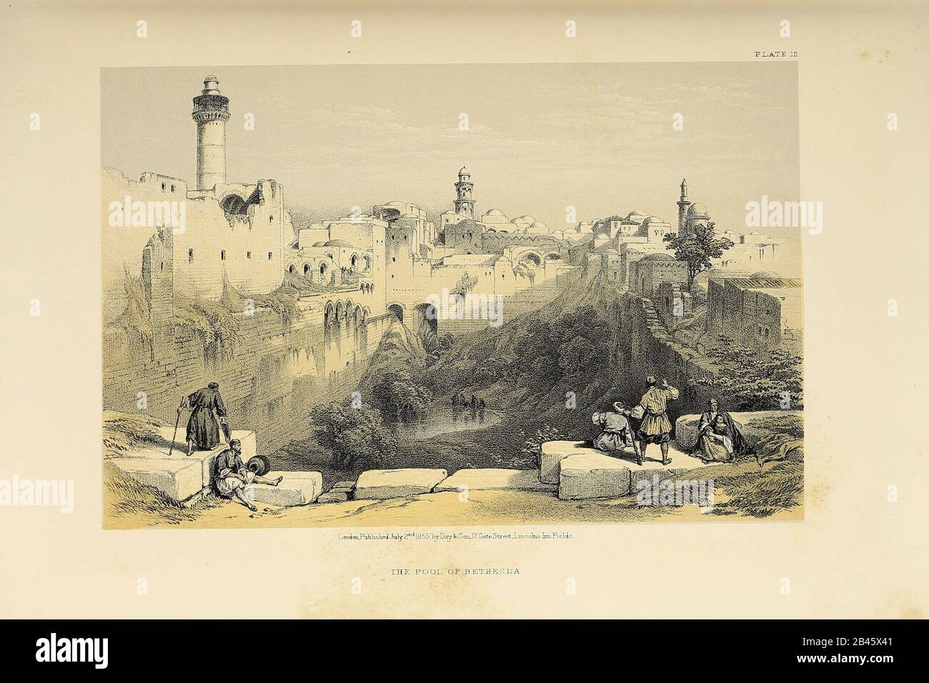 Pool of Bethesda from The Holy Land : Syria, Idumea, Arabia, Egypt & Nubia by Roberts, David, (1796-1864) Engraved by Louis Haghe. Volume 1. Book Published in 1855 by D. Appleton & Co., 346 & 348 Broadway in New York. Stock Photo