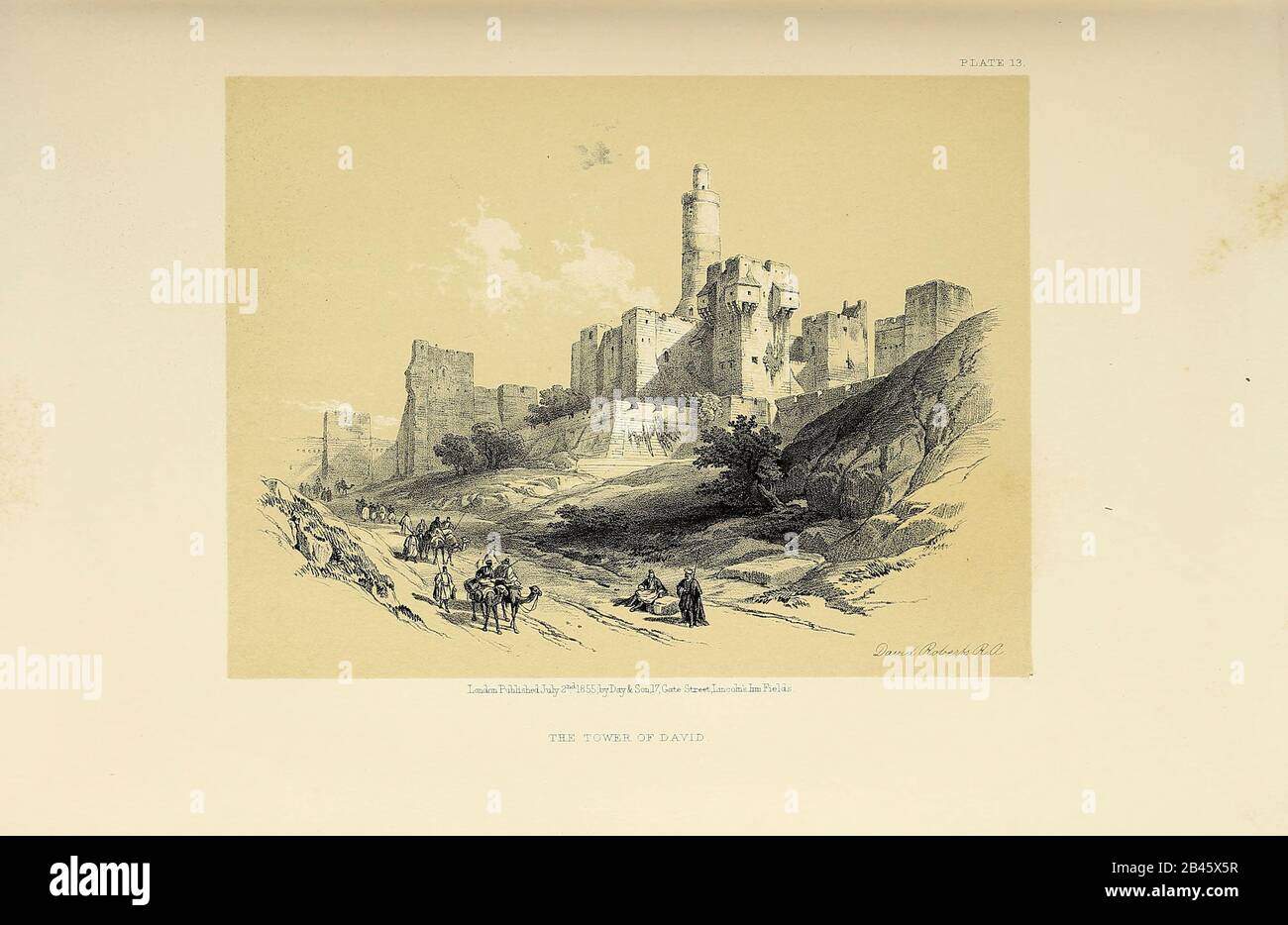 Tower of David from The Holy Land : Syria, Idumea, Arabia, Egypt & Nubia by Roberts, David, (1796-1864) Engraved by Louis Haghe. Volume 1. Book Published in 1855 by D. Appleton & Co., 346 & 348 Broadway in New York. Stock Photo
