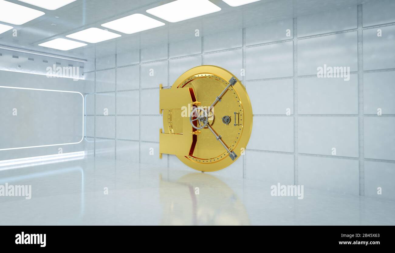 3d Rendering Interior Bank Vault With Golden Door Closed Stock Photo 3d-rendering-interior-bank-vault-with-golden-door-closed-stock-photo