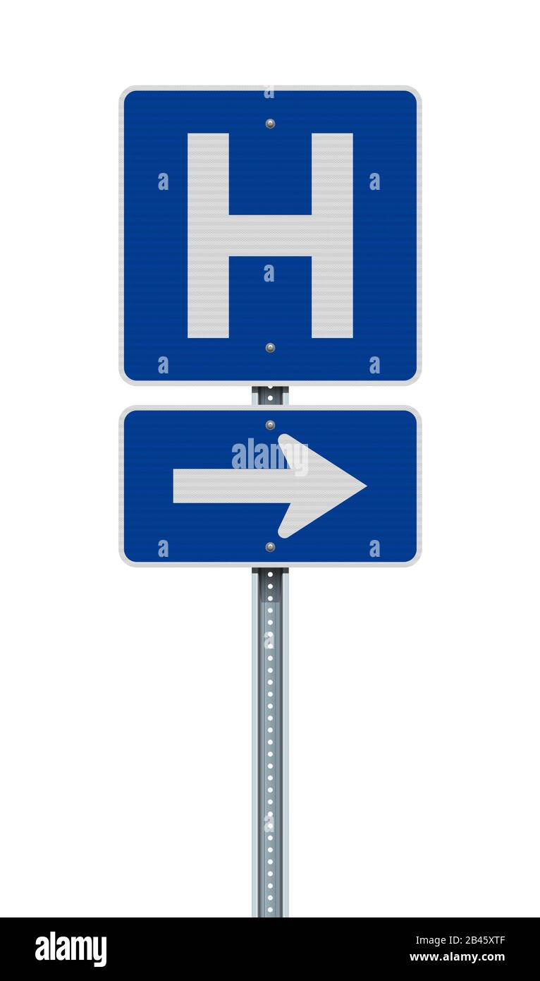 Vector illustration of the Hospital blue road sign with arrow on metallic post Stock Vector