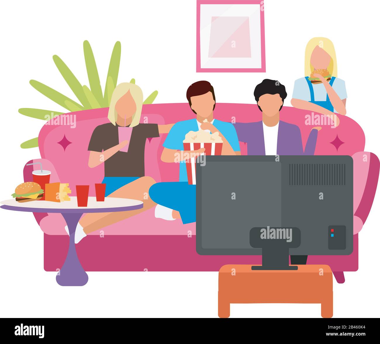 Friends together watching movie flat illustration. Guys and girls spending time, evening at home with TV cartoon characters. Students watch film. Best Stock Vector