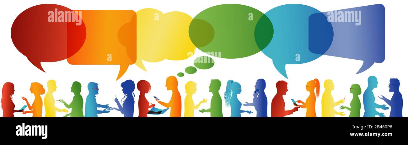 Speech bubble. Communication between large group of people who talk. Crowd talking. Communicate social networking. Dialogue between people. Silhouette Stock Photo