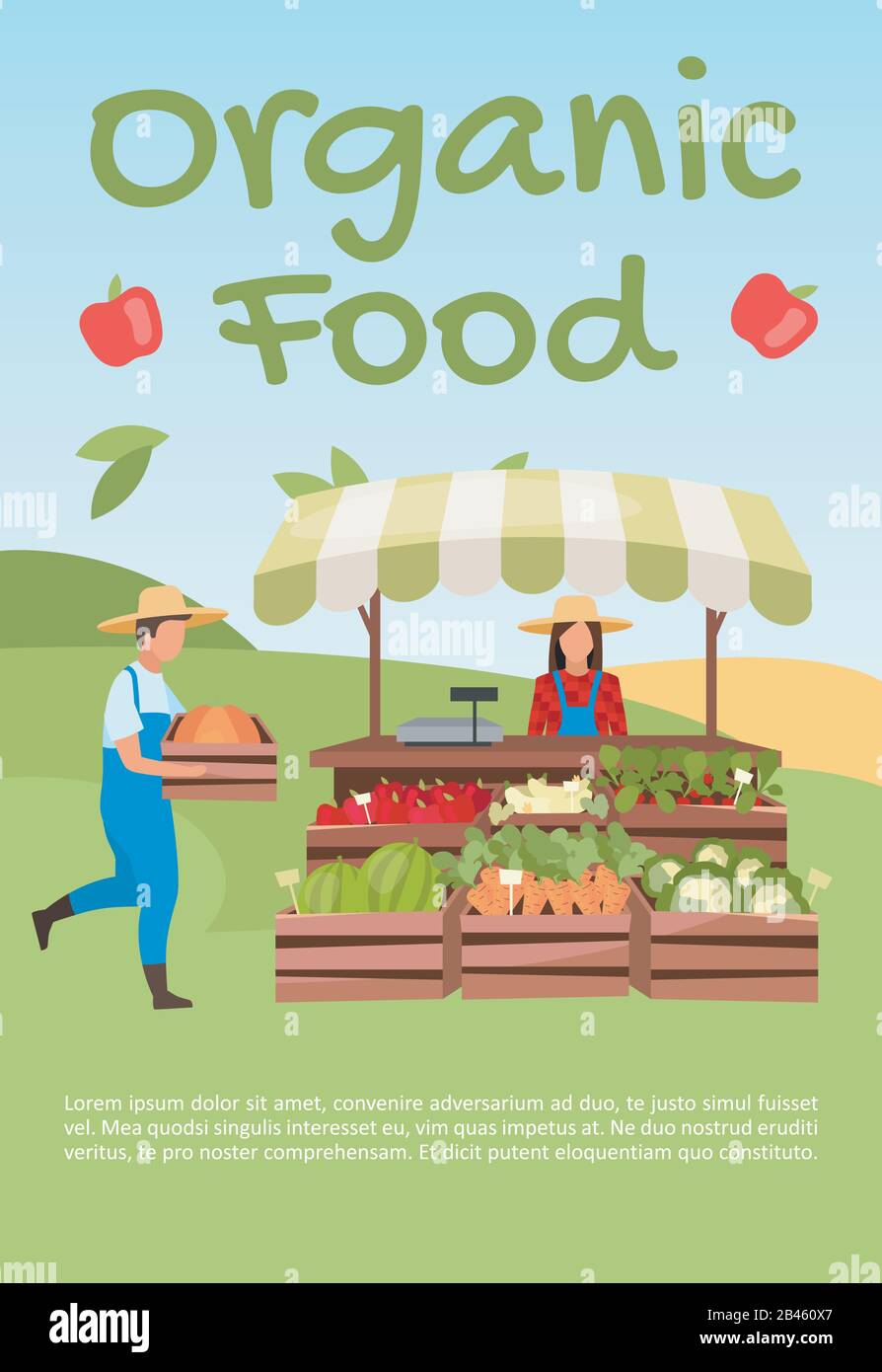 Organic food brochure template. Farmers market. Flyer, booklet, leaflet concept with flat illustrations. Summer vegetable outdoor store. Page layout Stock Vector