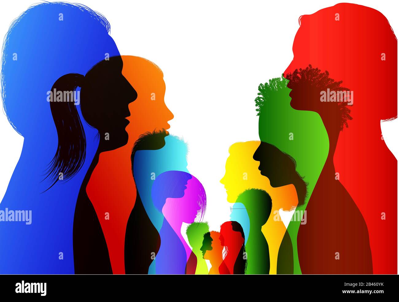 Discussion or comparison between friends. Group of isolated colored silhouette people talking. Communication between the crowd. Dialogue people Stock Photo
