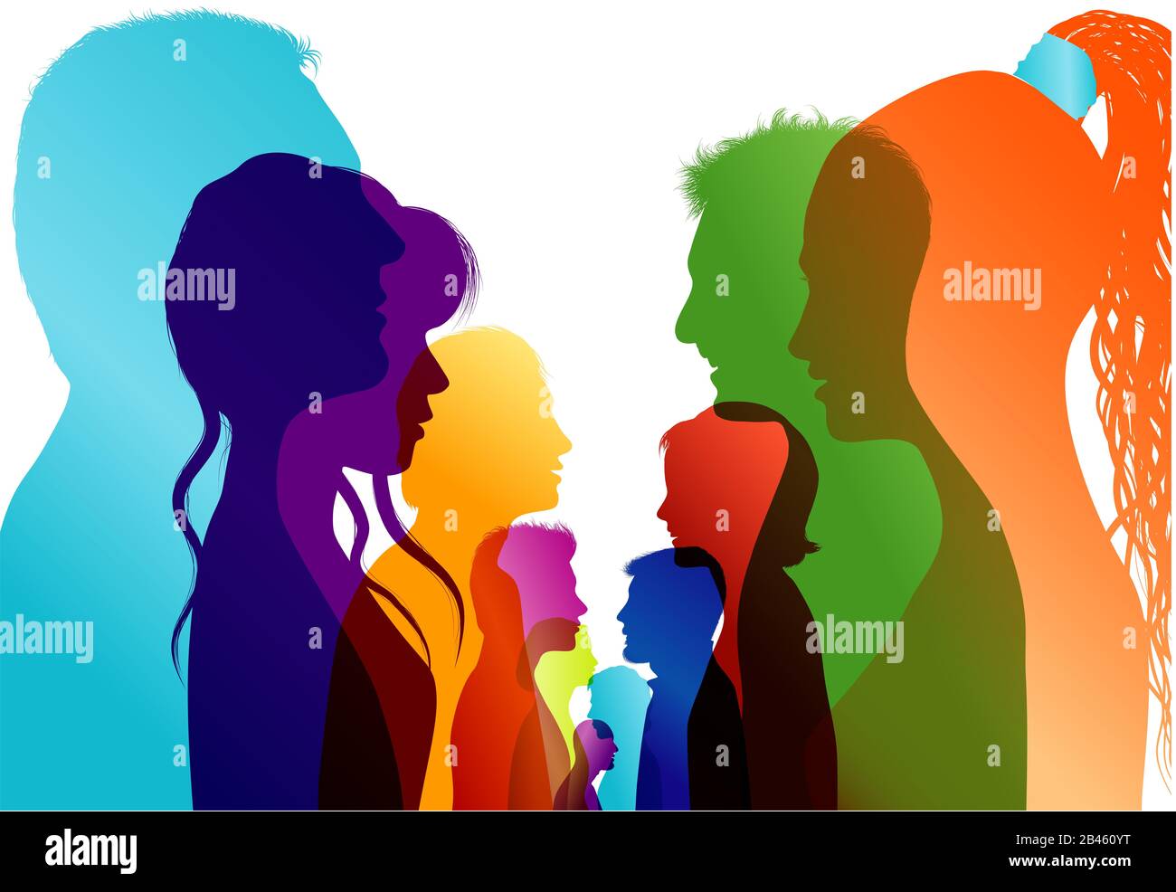 Group of isolated colored silhouette people talking. Communication between the crowd. Dialogue people profile. Discussion or comparison between friend Stock Photo