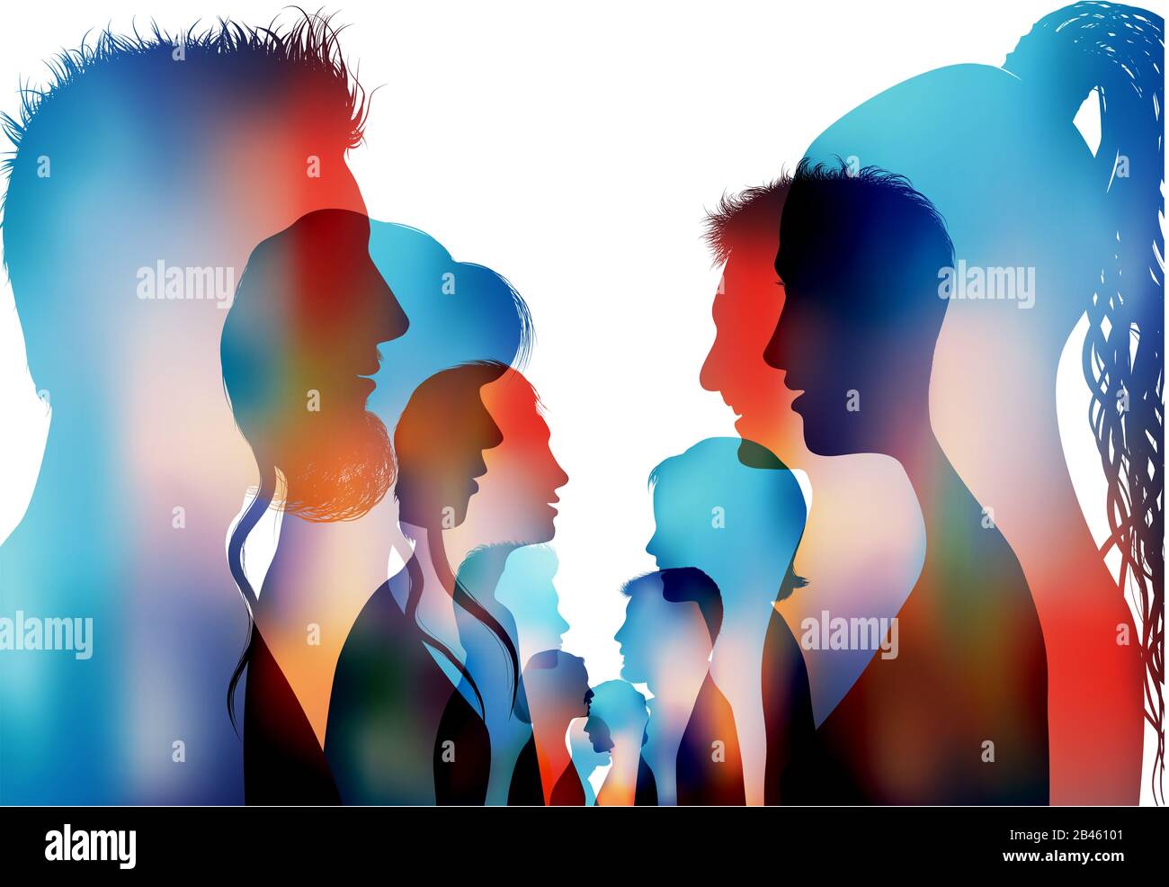 Group of isolated colored silhouette people talking. Dialogue of profile people. Communication between the crowd. Discussion or comparison friends Stock Photo