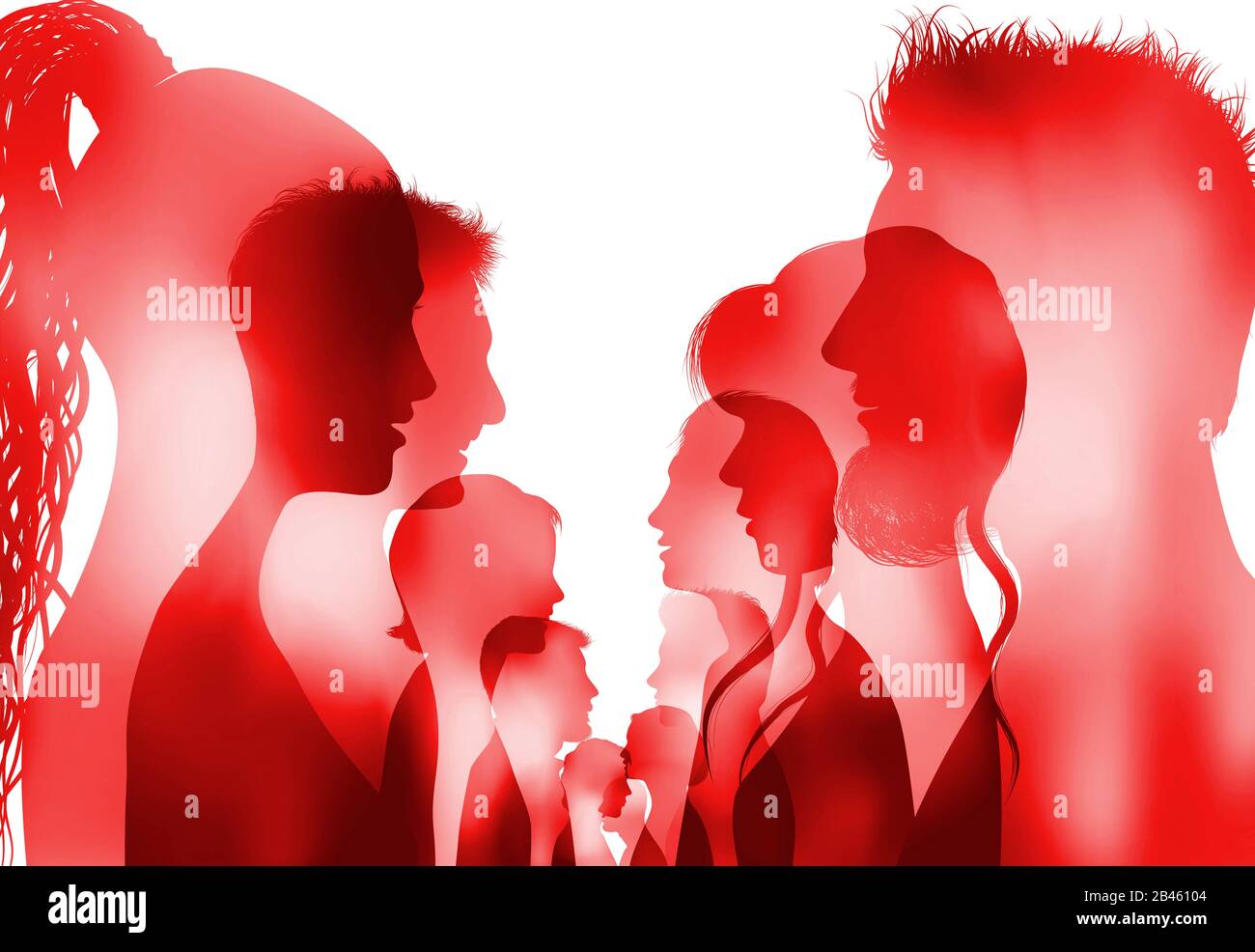 Group of isolated colored silhouette people talking. Discussion or comparison between friends. Dialogue of profile people. Communication crowd. Speech Stock Photo