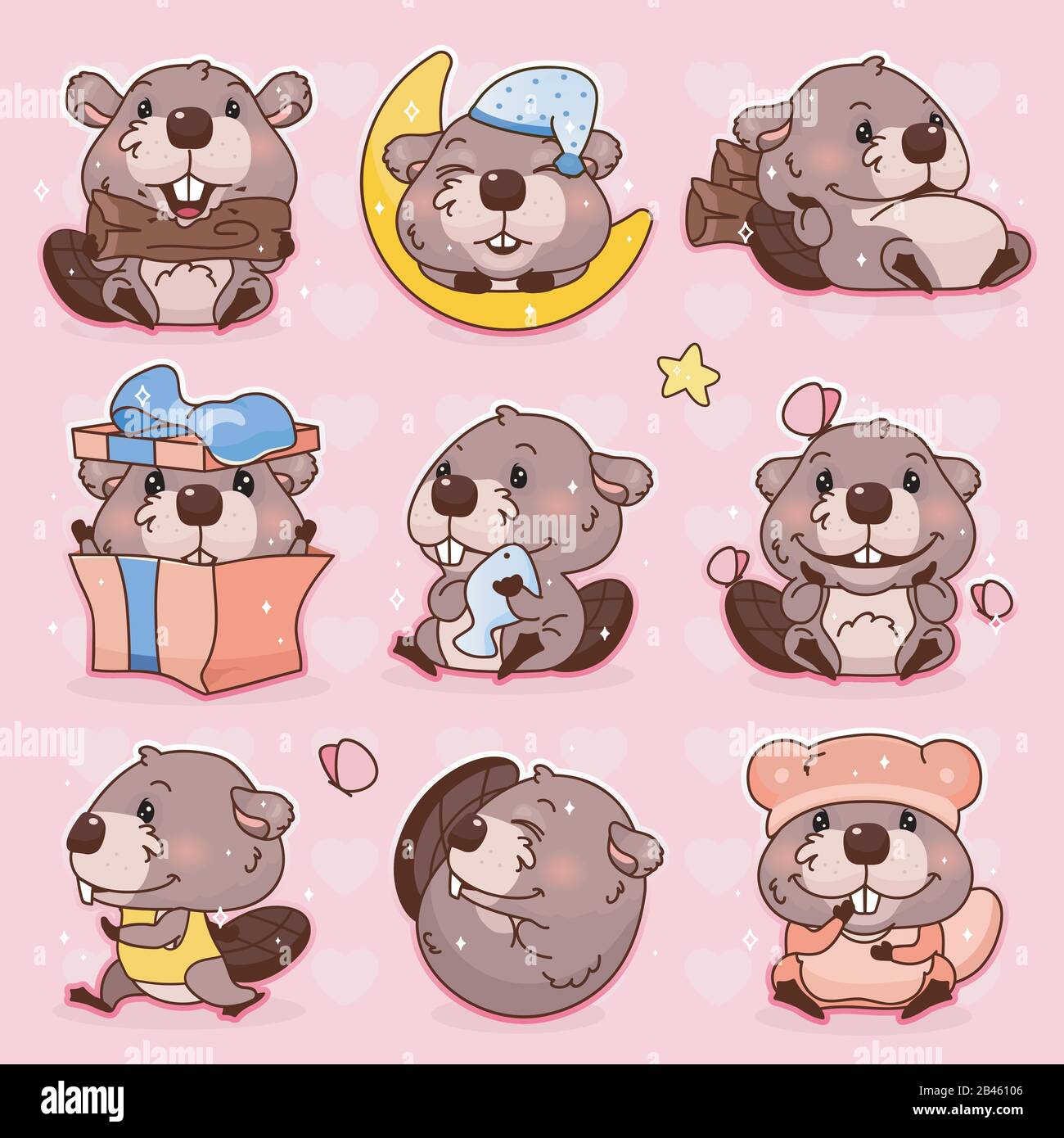 Cute beaver kawaii cartoon vector character set. Adorable, happy ...
