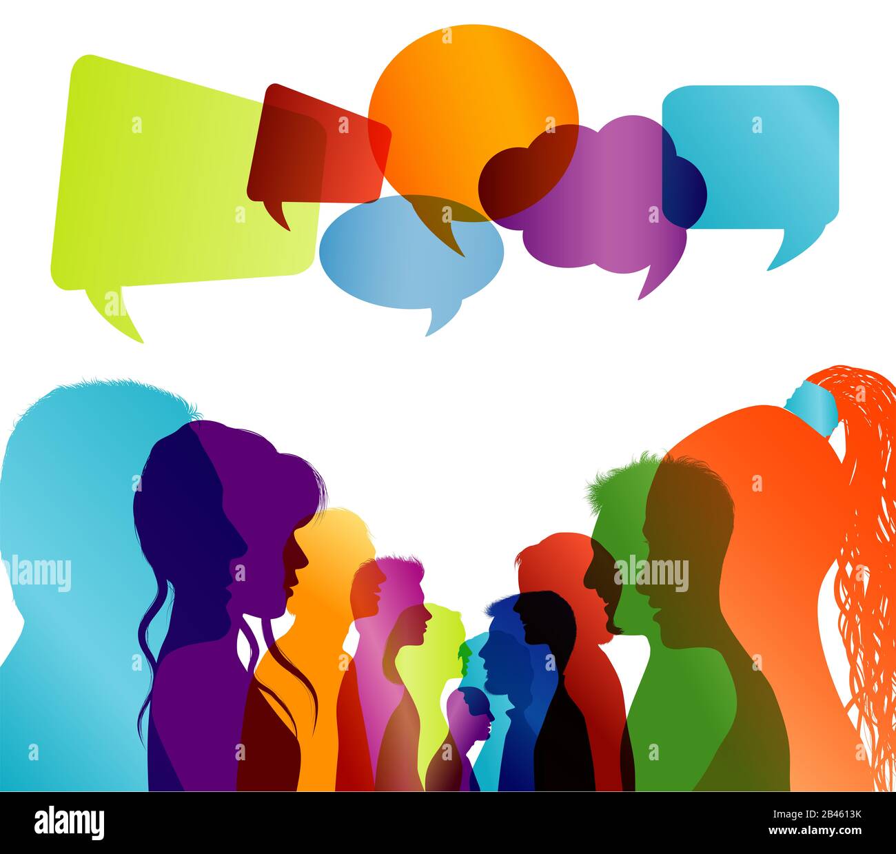 Group of isolated multicolored people talking. Faces silhouette head profile. Networking communication. Crowd speaks. Speech bubble. Dialogue people Stock Photo