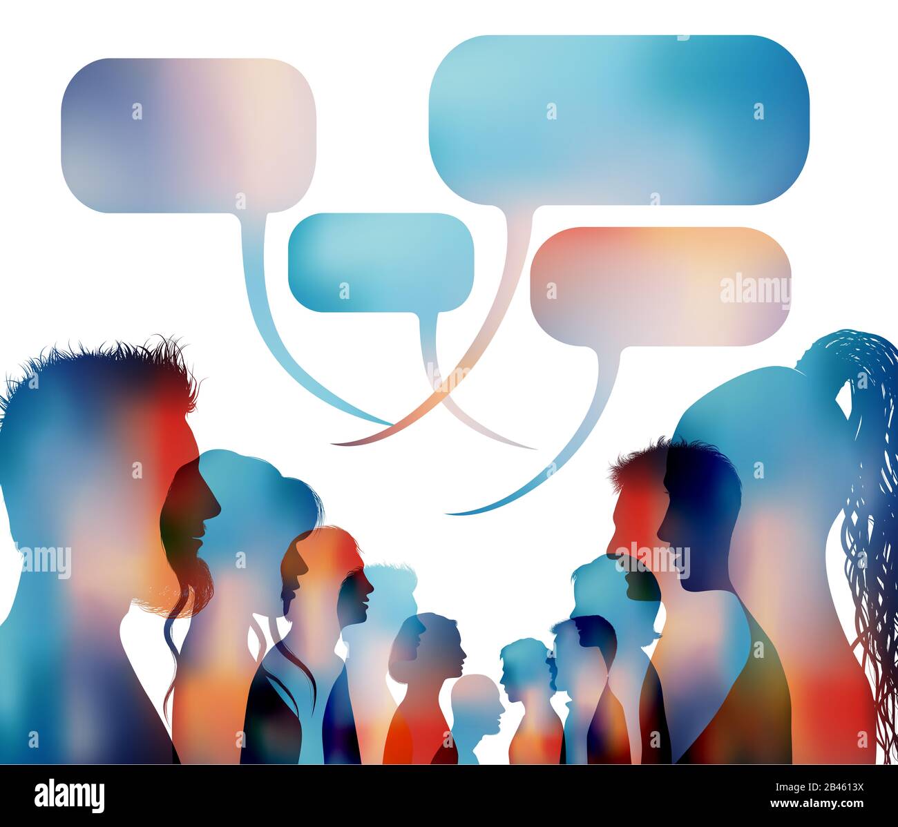 Speech bubble. Group of isolated colored people talking. Faces silhouette head profile. Networking communication. Crowd speaks. Multiethnic Stock Photo