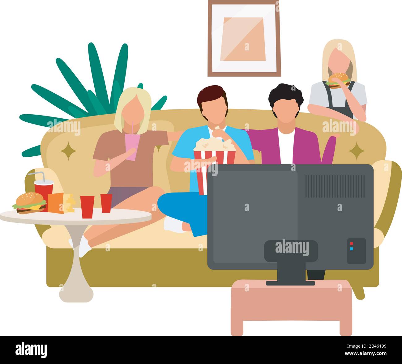 Friends watching TV flat vector illustration. Girls, guys watch film, movie with popcorn and fast food cartoon characters. Best friends spending time Stock Vector