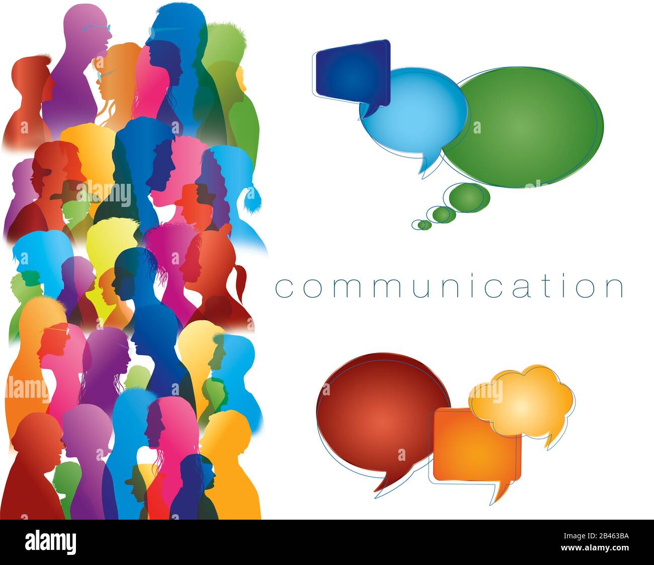 Concept to communicate. Social networking. Diverse people. Large isolated group people in profile talking silhouette. Speech bubble. Crowd speaks. Stock Photo