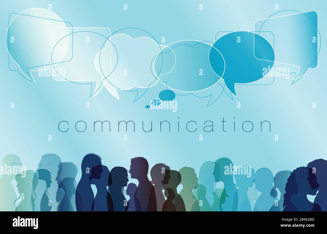 Diverse people. Large isolated group people in profile talking silhouette. Speech bubble. Crowd speaks. Concept to communicate. Social networking. Stock Photo