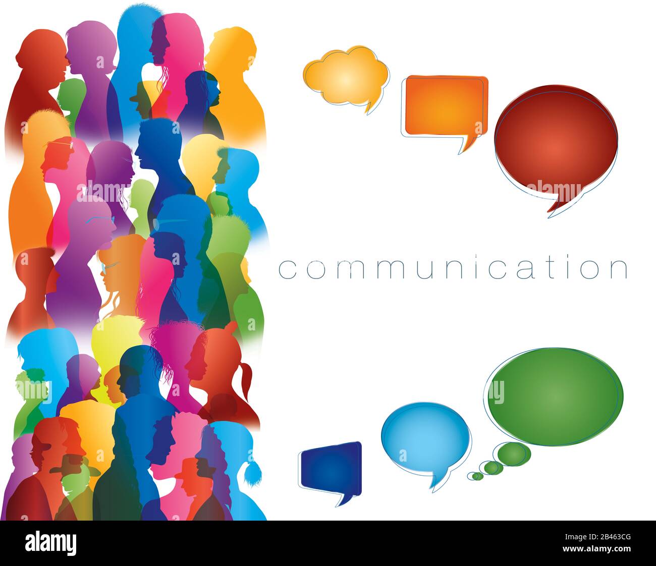 Social networking. Diverse people. Large isolated group people in profile talking silhouette. Speech bubble. Crowd speaks. Concept to communicate. Mul Stock Photo