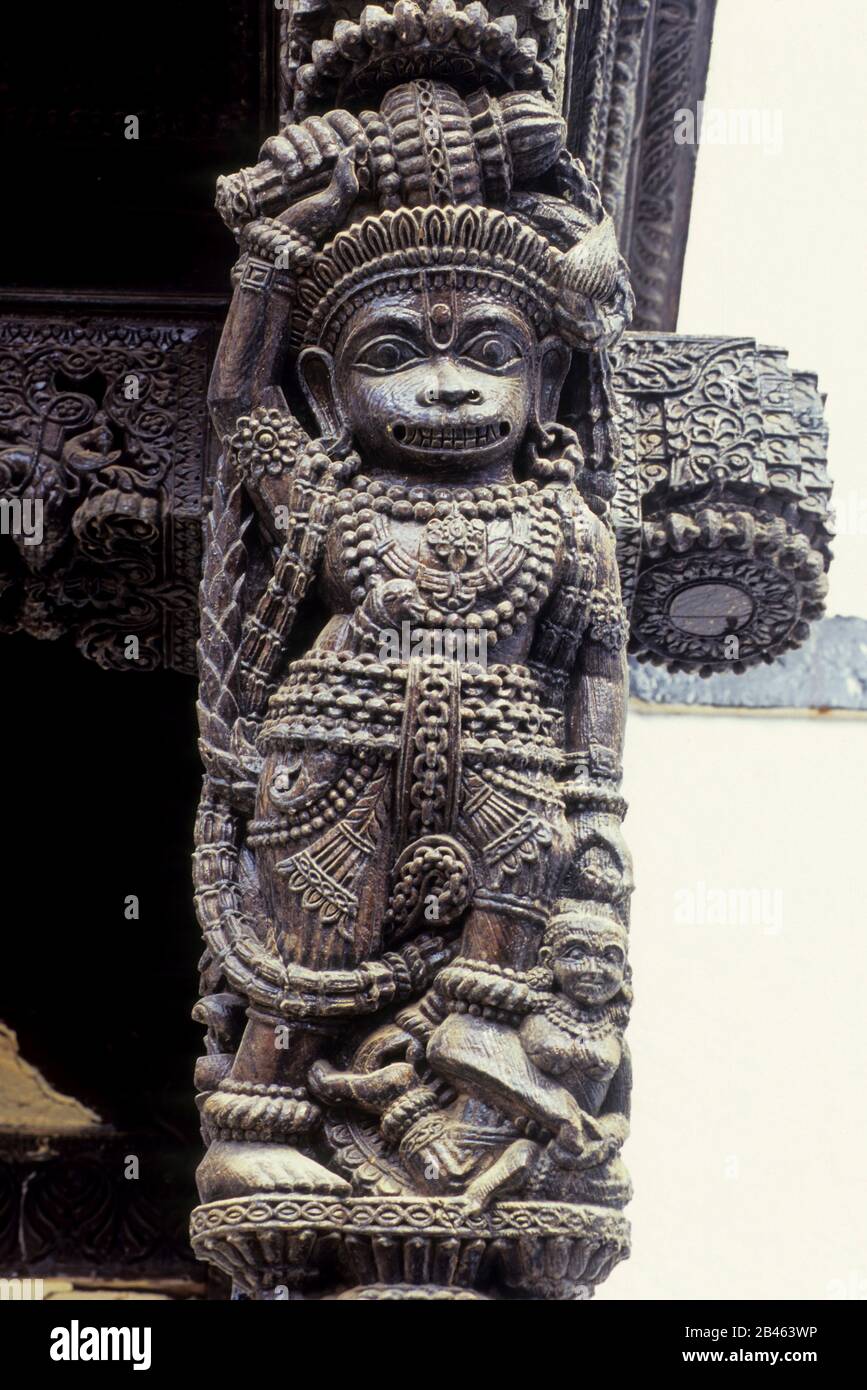 Shree Kashtabhanjan Hanuman wooden carving, Surendra Nagar, Gujarat, India, Asia Stock Photo
