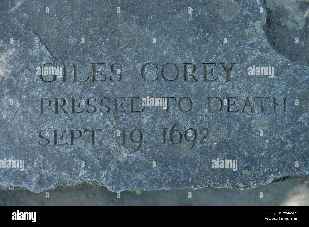 Grabstein, Giles Corey, ´Salem Witch Trials Memorial´, Liberty Street, Salem, Massachusetts, USA Stock Photo