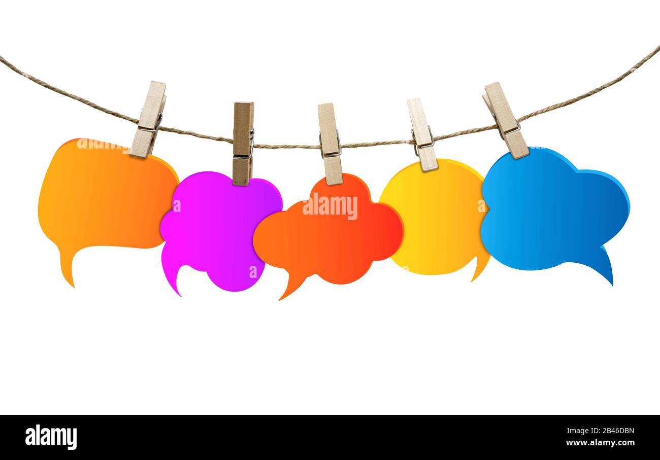 Isolated colored speech bubbles. Social network. Gossip. Chatter speaking and communication. Information. Group of empty balloons. Clouds Stock Photo