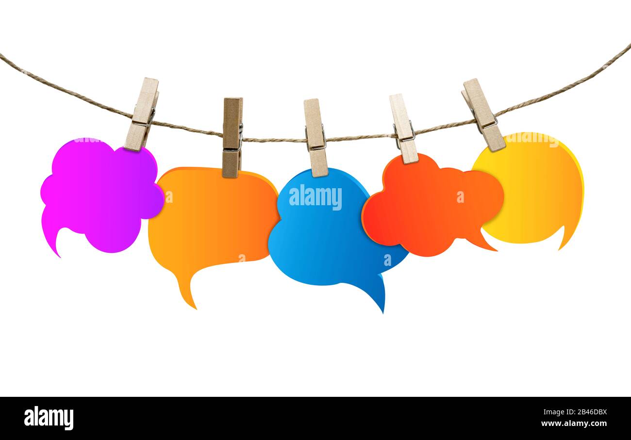 Isolated speech bubble various colors. Gossip. Social network. Chatter speaking and communication. Information. Group of empty balloons. Clouds Stock Photo