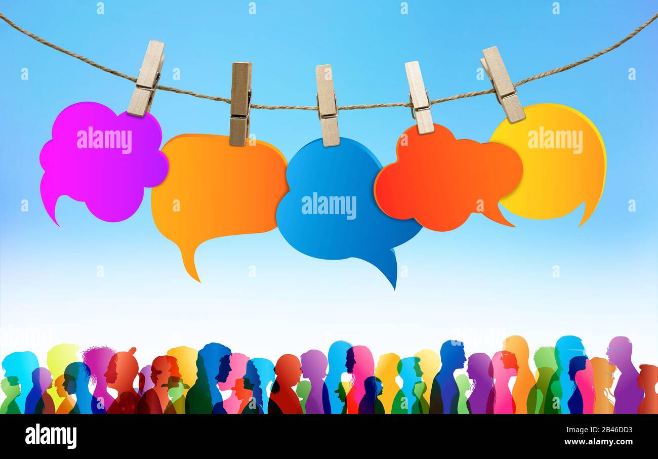Communication crowd large group of people. Crowd talking. Speech bubble. Colored clouds. Chatter