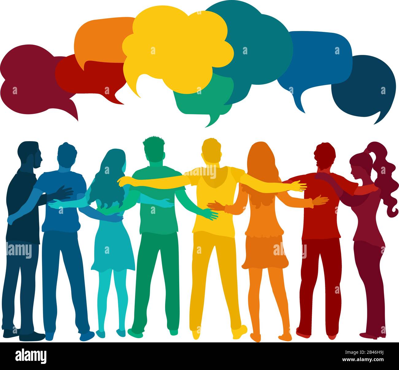 Dialogue and friendship silhouette group of multiethnic people of diverse culture.Communication speak discussion.Crowd talking.Social network.To talk Stock Vector