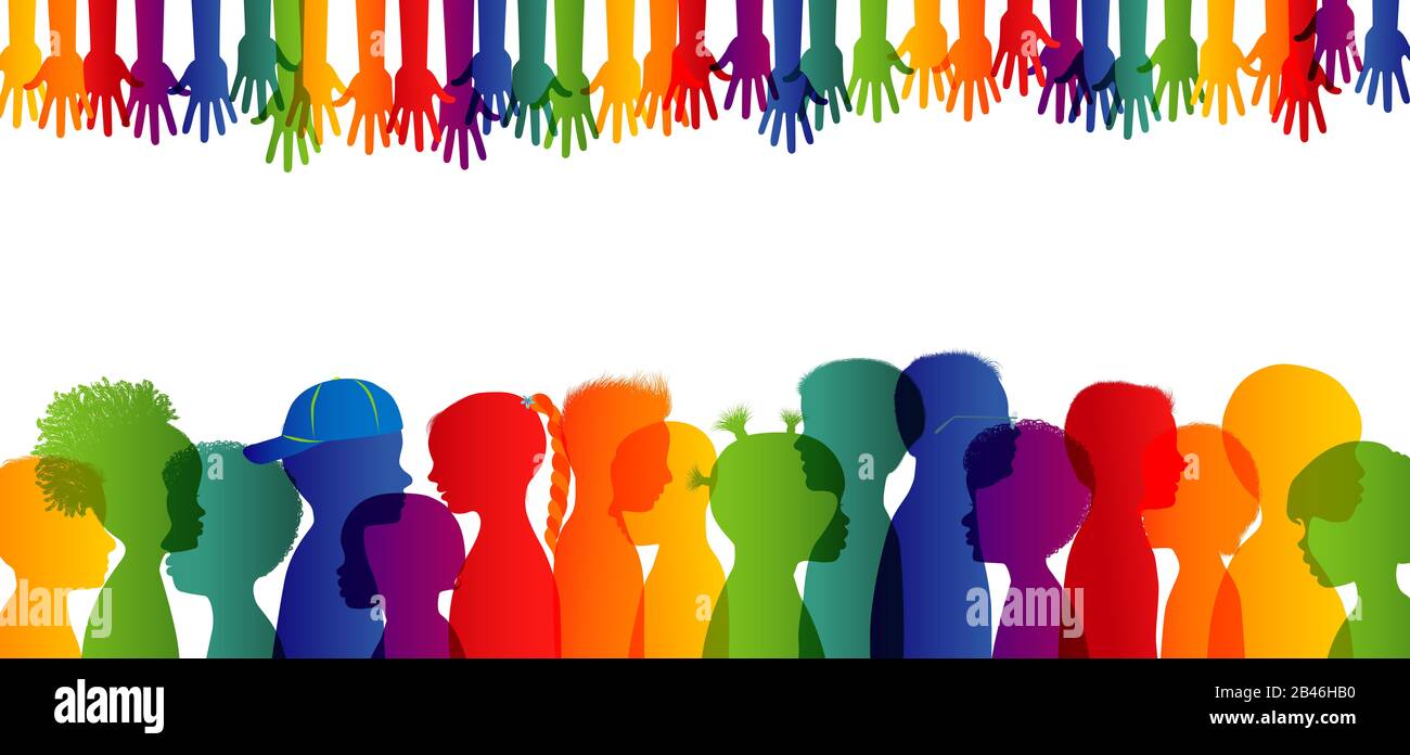 Integration between children with different cultures and races. Childhood. Multicultural kindergarten. Group of different children profile silhouette Stock Photo